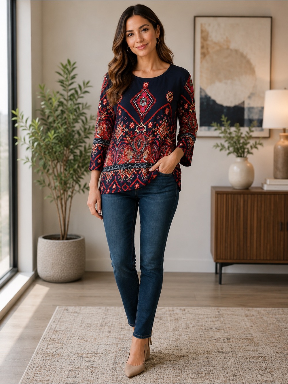 Navy & Red Paisley 3/4 Sleeve Top - Women's Classic Crew Boho Folk Festival